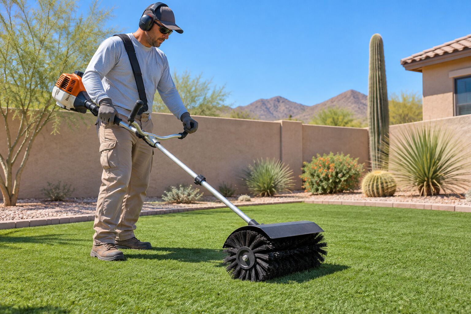 A technician brushing artificial turf with a handheld power broom