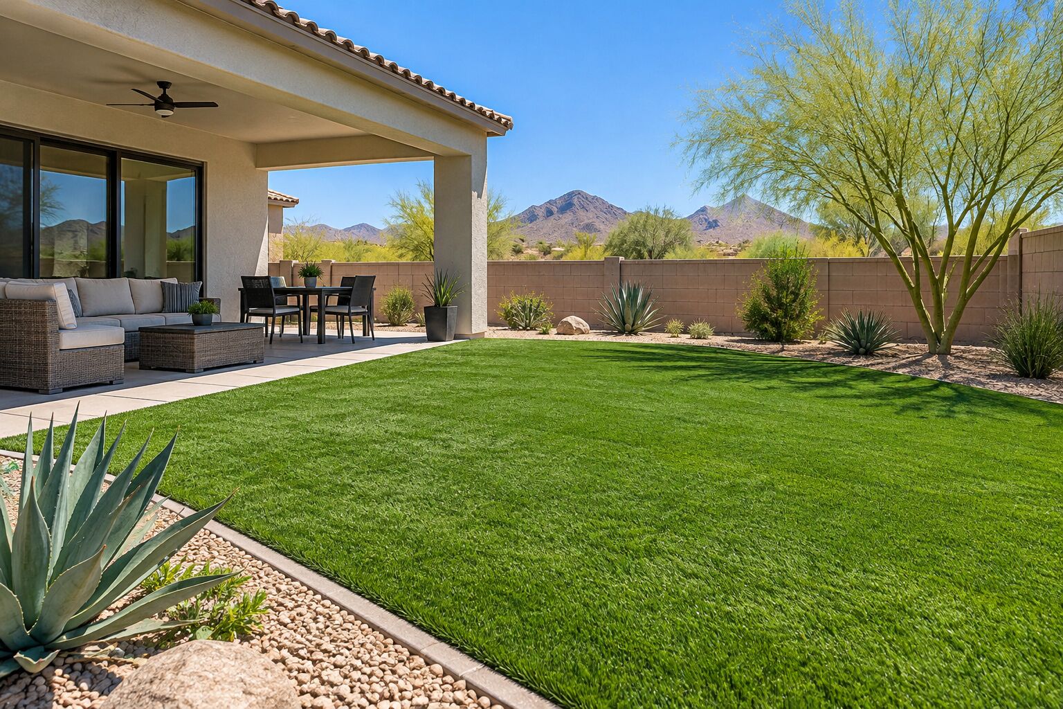 A freshly cleaned and brushed artificial turf backyard with a covered patio