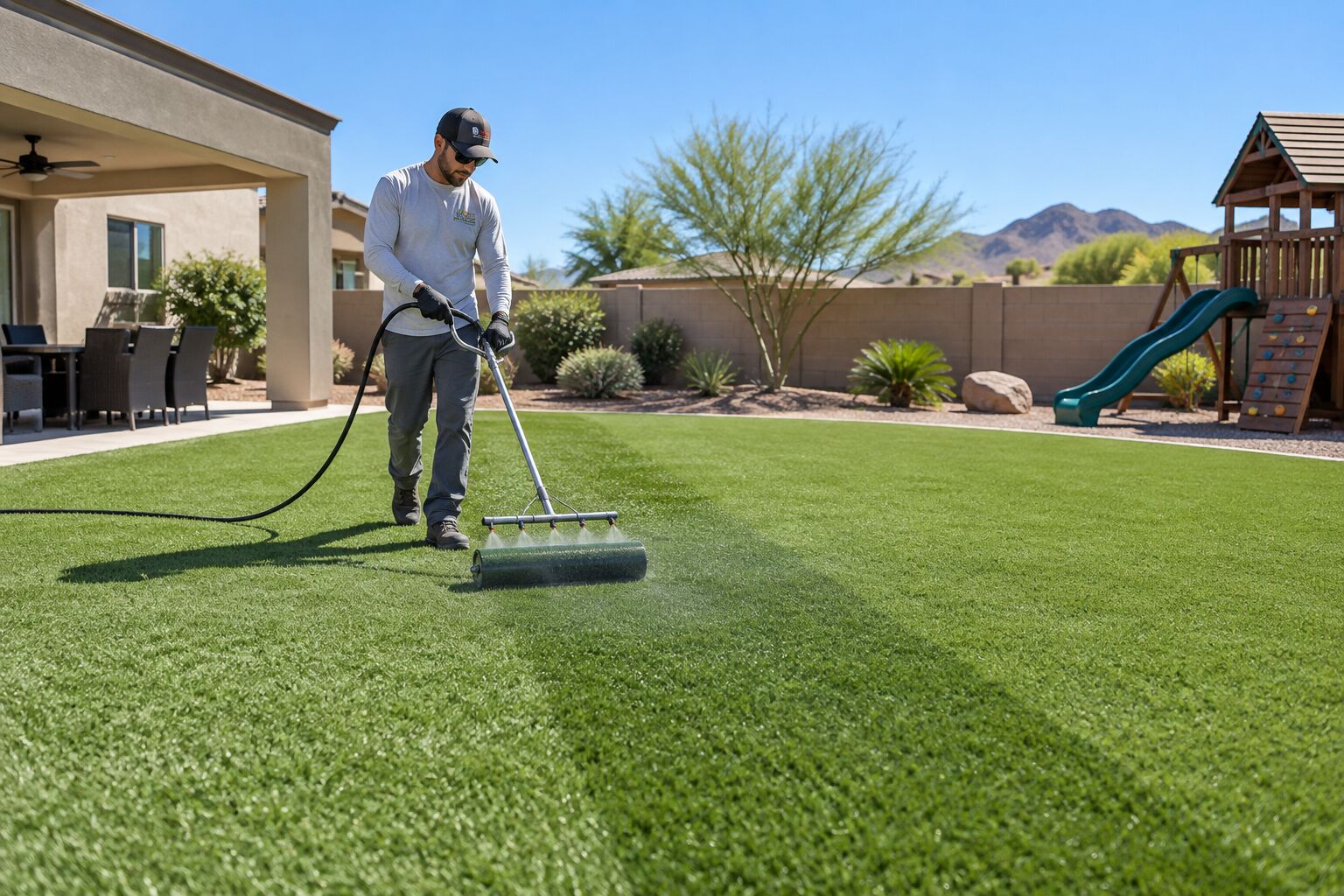A technician cleaning a large artificial turf lawn with a roller wand that sprays solution as it rolls