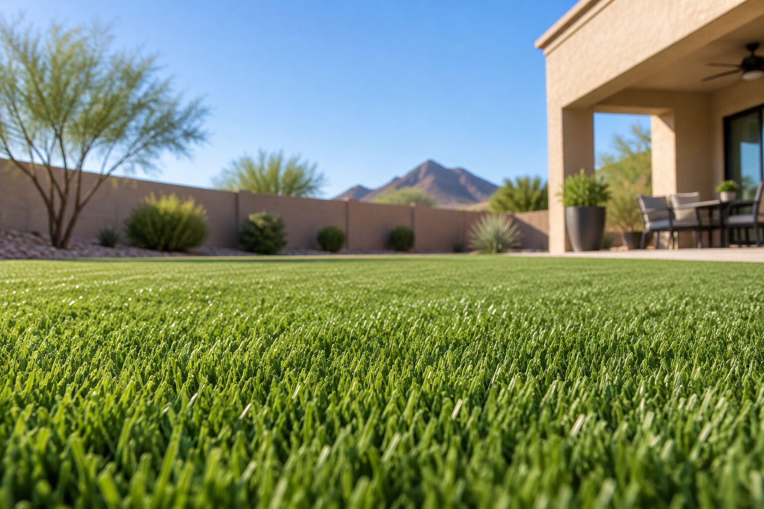 Close view of upright artificial turf blades in the sun