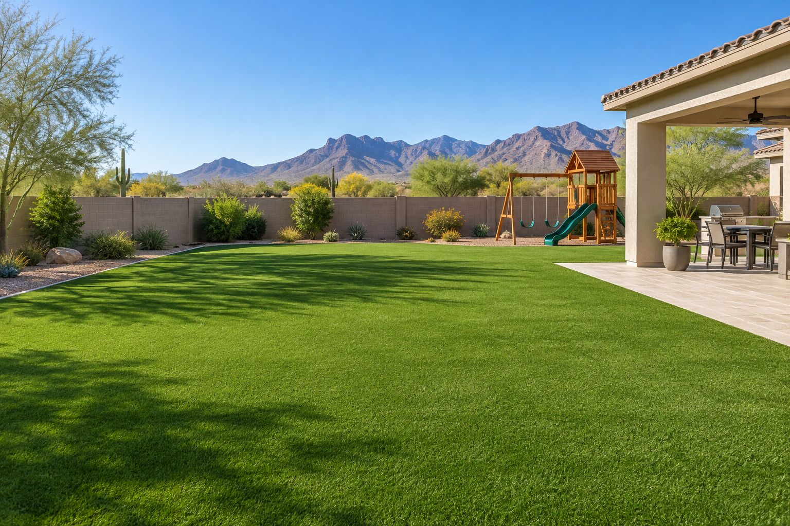 A large, clean artificial turf backyard with a play set