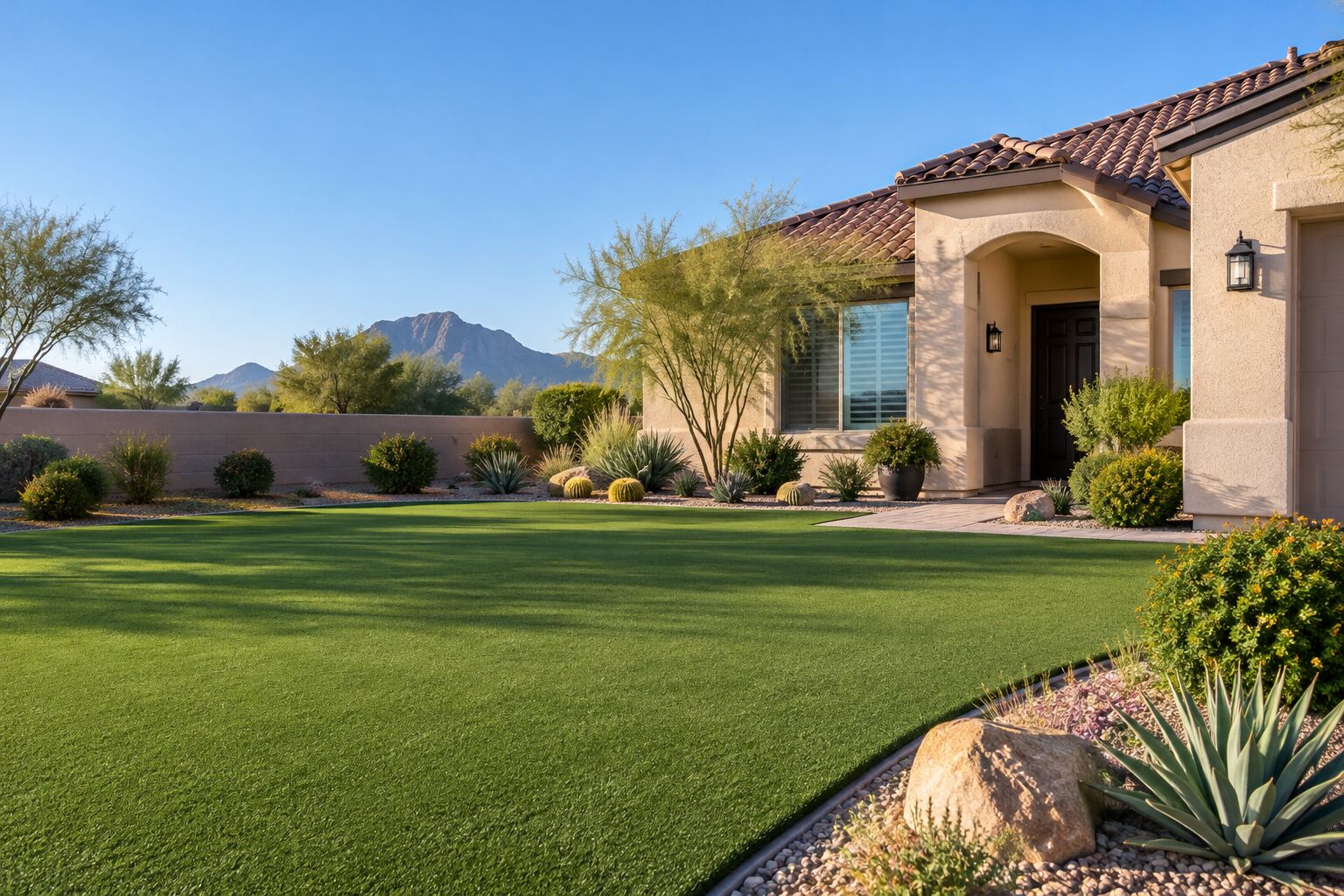 A neat artificial turf front yard in front of a desert home