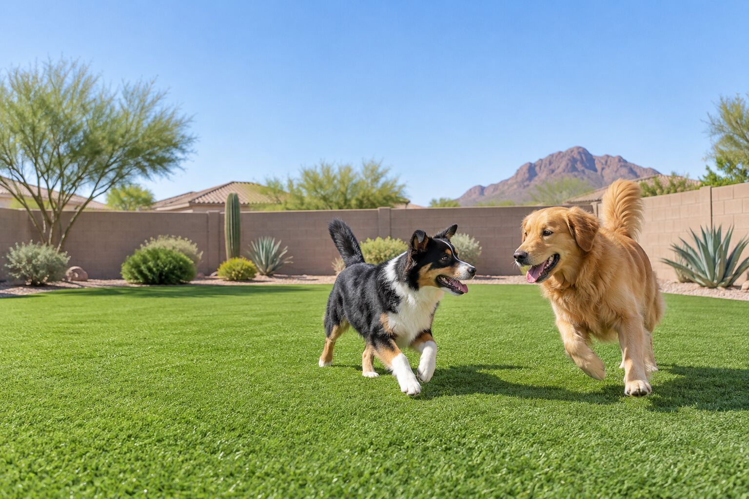 Two dogs playing on an artificial turf backyard