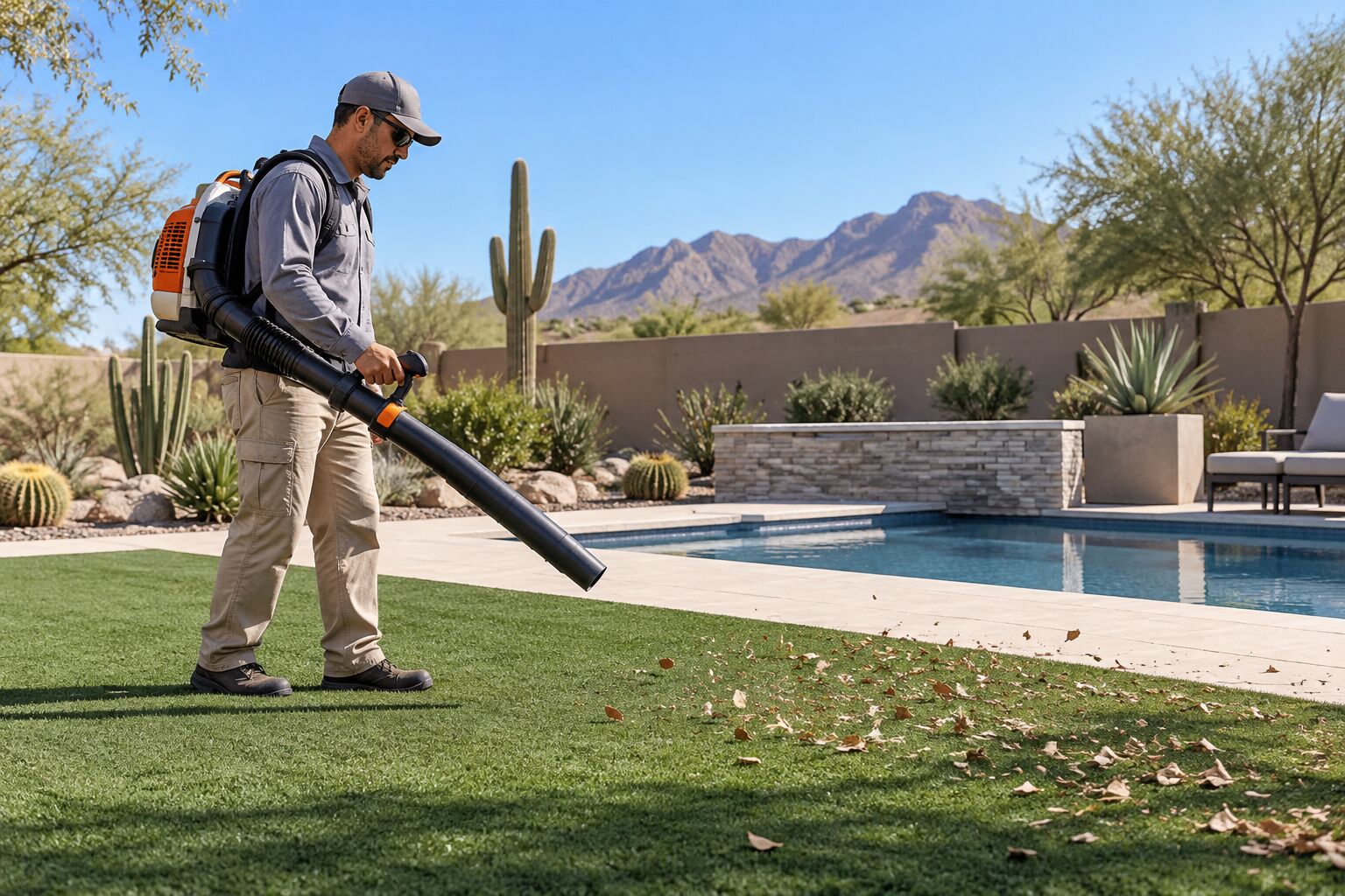 A technician blowing leaves off an artificial turf lawn beside a pool