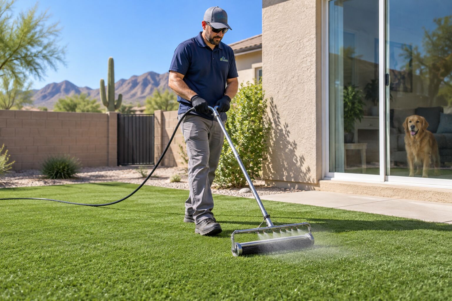 A technician rolling a spray-bar turf cleaning wand across artificial turf while a dog watches from inside