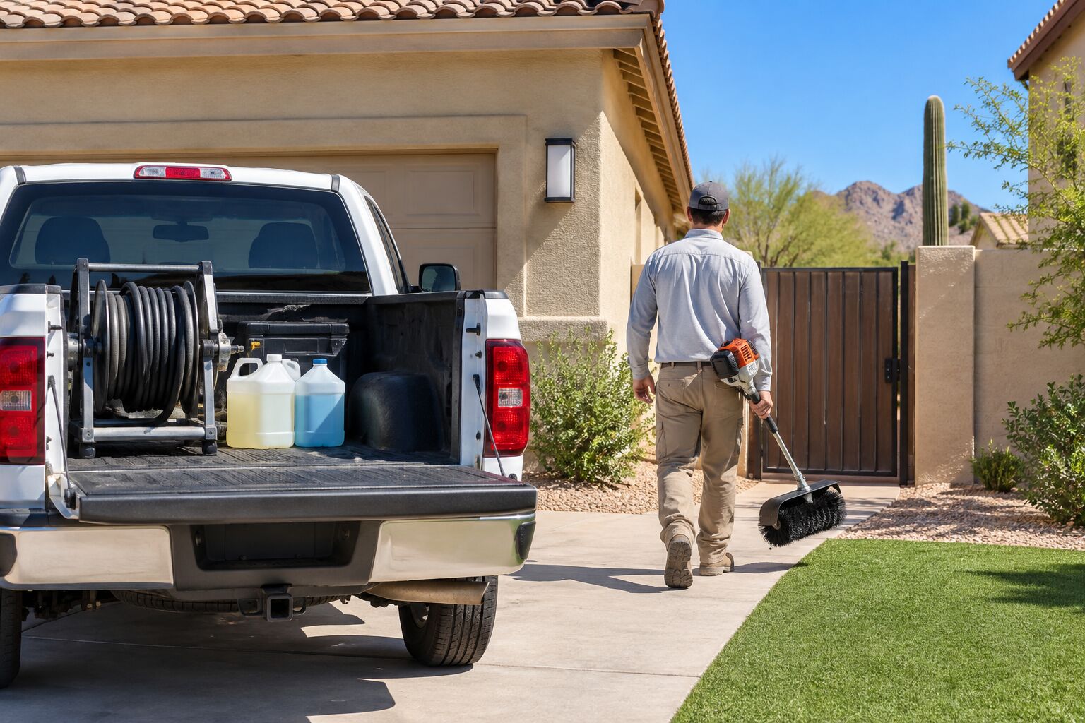 A technician carrying a handheld power broom from a pickup truck to a backyard gate